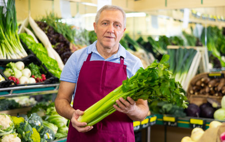 Skilled eldely male worker holding fresh celery in hands in grocery shop