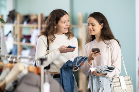 Two girls interesting goods, scans QR code and label of denim jeansの写真素材