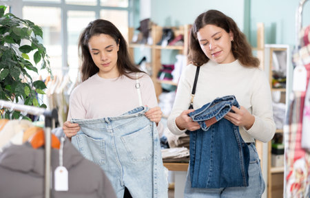 Two girls at trading floor pick out jeans