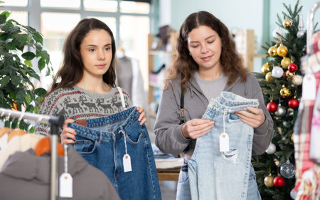 Two young women choosing jeans in storeの写真素材