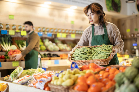 Young female seller holding basket of string beans in grocery marketの写真素材