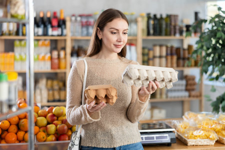 Young beautiful woman shopper in casual clothes chooses package of eggs in supermarketの写真素材