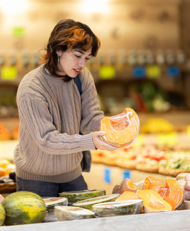 Girl near vegetable stand in store choose pumpkin.の写真素材