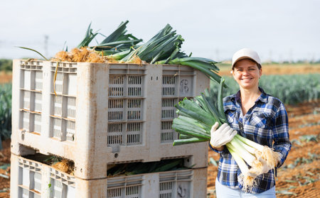 Happy woman farmer standing next to containers with harvested leeks in fieldの写真素材