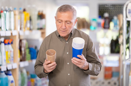 elderly man holds paper cups in his handsの写真素材