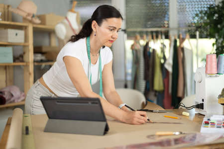 Woman tailor draws dress pattern of product on paper, tablet on table.