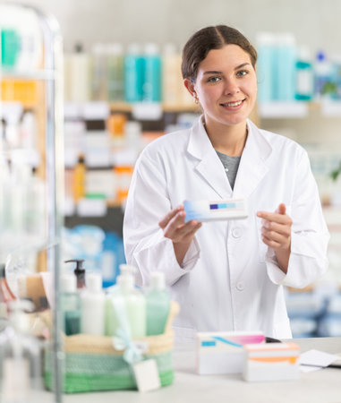 Female pharmacist offering ointment near the counterの写真素材