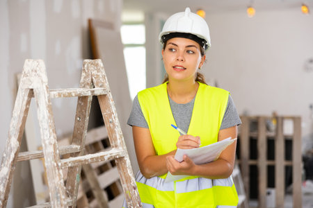 Woman engineer checking documents during repair works