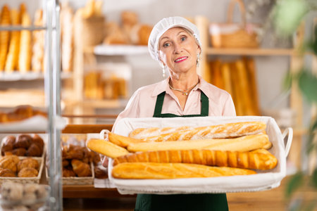 Smiling mature female seller showing assortment of bakery