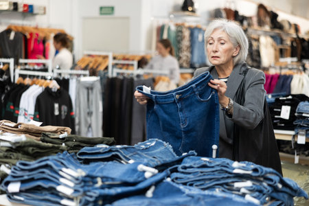 Elderly woman carefully chooses jeans in clothing boutique