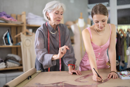 Elderly woman seamstress teaches young woman to draw pattern on paper