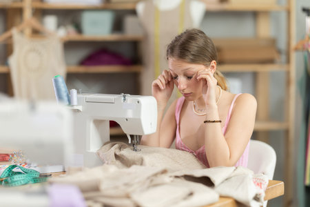 Tired young tailoress sitting at the sewing-machine in tailors shop