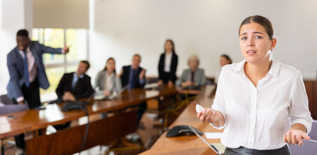 Upset adult woman in meeting room against the backdrop of dissatisfied and indignant colleagues