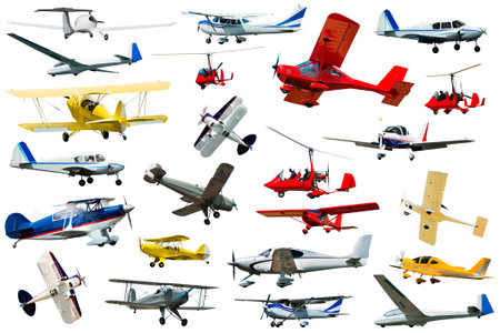 Aircraft, gliders and gyroplanes on white background