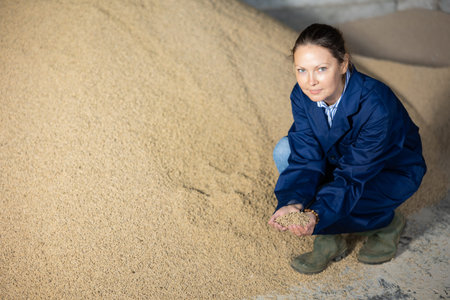 Woman farmer squatting at heap of soybean huskの写真素材