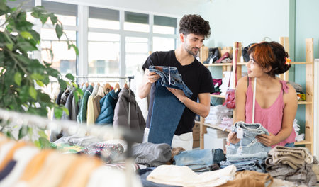 Young couple choosing dress and t-shirt in clothing store