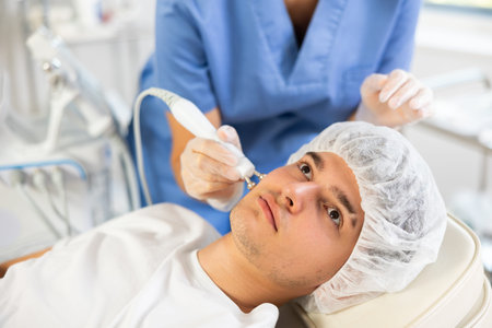 Young female cosmetologist doing microcurrent procedure to young man
