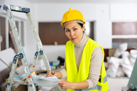 Woman worker filling documents during repair works indoors