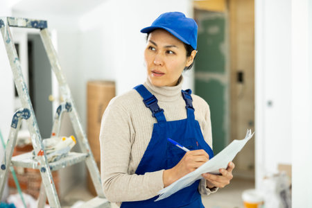 Portrait of an asian builder woman who checks completed work on