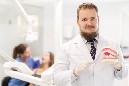 Male dentist holds a model of teeth and invites clients to visit the dentist