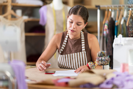Young seamstress making calculations on paper standing near table
