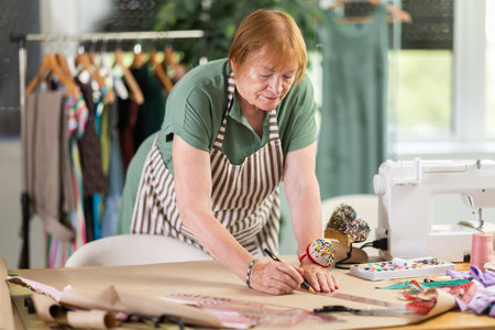 Woman dressmaker drawing pattern on paper in workshop