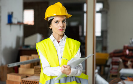 Portrait of woman builder in yellow vest and hardhat filling documentation during repair works in...