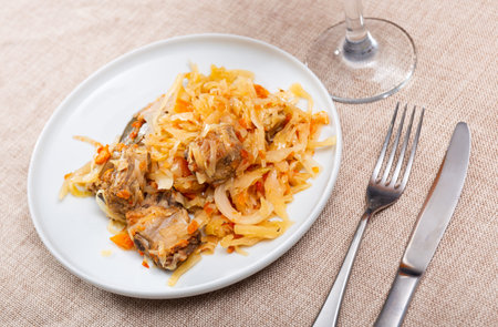 On plate there is stewed cabbage with delicious pork ribsの写真素材