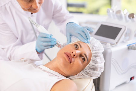 Young woman undergoing facial treatment using ion bubble attachment