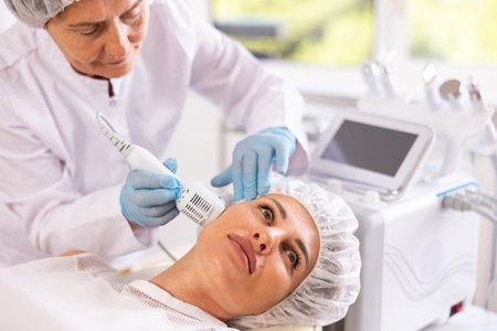 Young woman undergoing hardware facial treatment using cold hammer