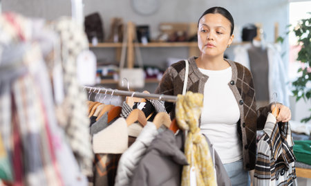 Adult woman chooses coat in clothing store