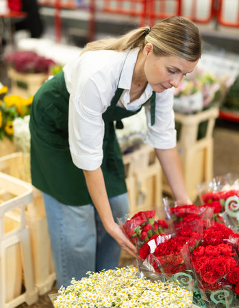 Woman flower shop assistant collects carnations into bouquet
