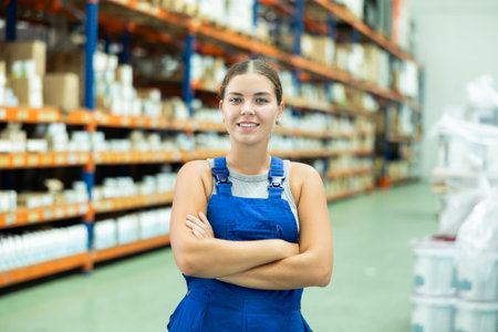 Young female seller in workwear standing in household tools store and meeting clients