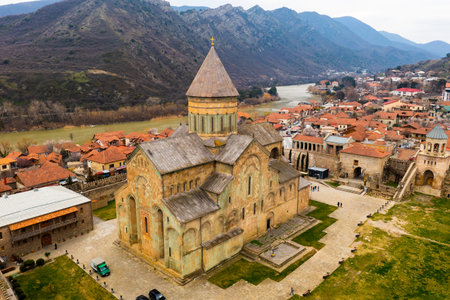 Aerial view of Georgian city of Mtskheta overlooking Svetitskhoveli Cathedral