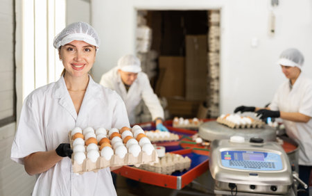 Woman holding carton tray with fresh eggs