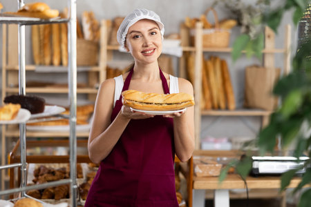 Smiling woman baker offers to buy fresh delicious bocadillo