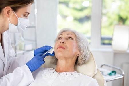 Elderly patient getting lip fillers.