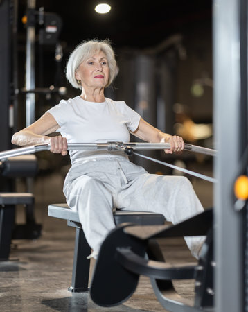 Senior woman training with seated cable row machine at gym
