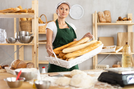 Positive young woman baker in uniform baking fresh baguettes in bakery