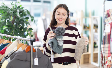 Female shopper chooses a hat in clothing store