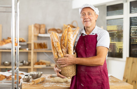 Portrait of elderly baker with bread and baguettes in hands in kitchen