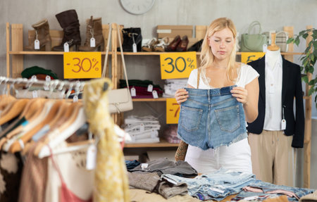 Young woman choosing denim shorts in clothing store