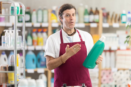 Adult male seller offering laundry detergent
