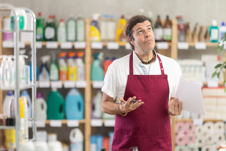 Anxious man seller with checklist in decorated store
