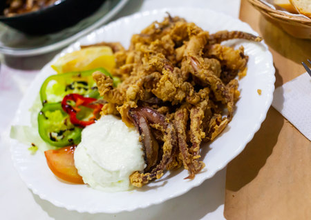 Appetizing dish of grilled squid legs in batter