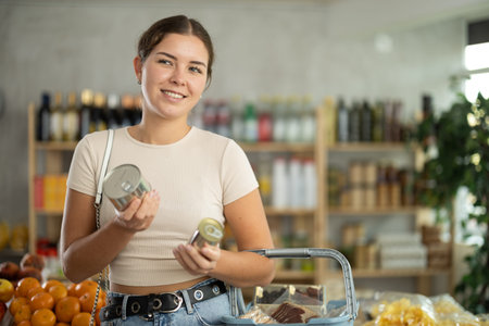 Young woman choosing canned food in grocery storeの写真素材