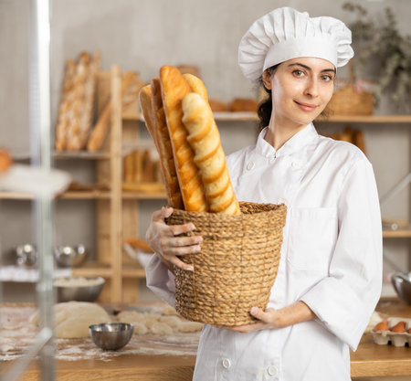 Young female baker with basket of baguettes