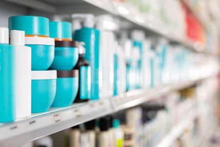 Showcase in cosmetic boutique with hair care treatmentsの写真素材