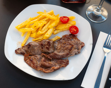 Grilled beef filet steak with side dish of potatoes and tomatoesの写真素材