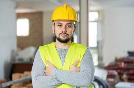 Focused foreman posing on indoor construction siteの写真素材